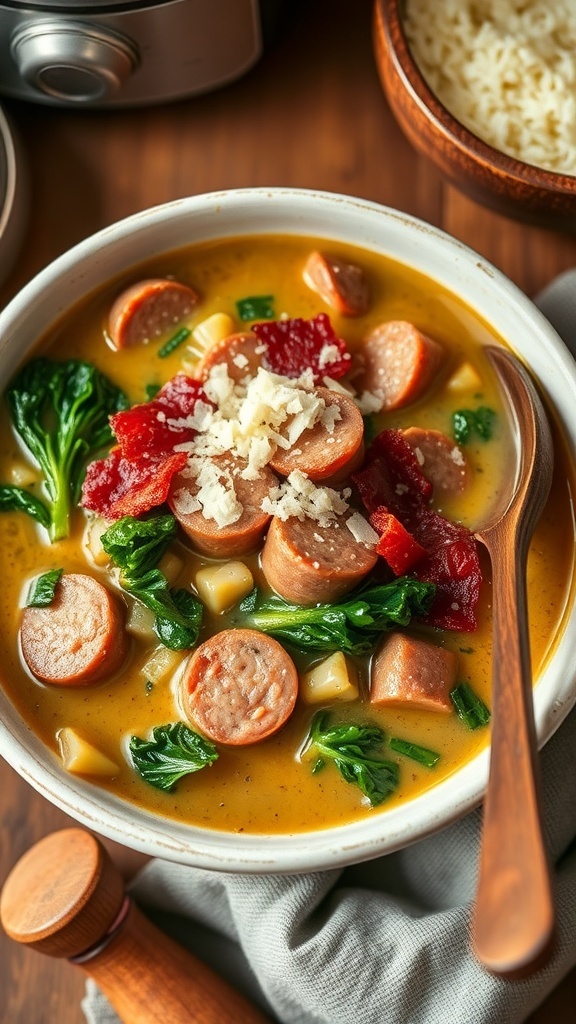 A bowl of carnivore Zuppa Toscana with sausage, bacon, and kale in creamy broth, garnished with Parmesan cheese.